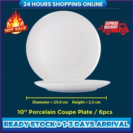 MyMug 10inch White Porcelain Coupe Plate, High Temperature use for Restaurant, Kitchen and Family Party Use (6 pcs set)