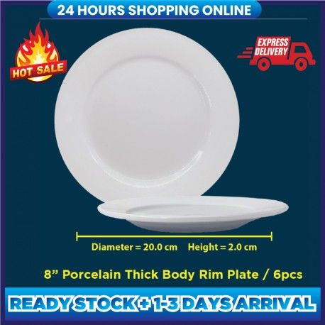 MyMug 8 inch White Porcelain Thick Rim Plate,Salad Plate,Reusable(6 Pcs)