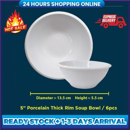 MyMug 5 inch White Porcelain thick Rim Bowls for Soup,Sambal,Curry,Porridge,Dipping Sauces, Small Side Dishes -6 pcs